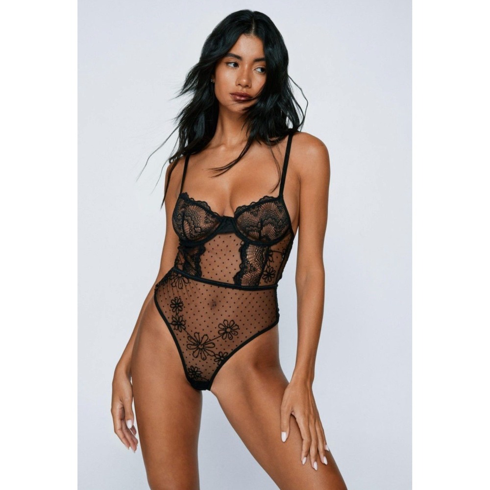 NastyGal Womens Daisy Embroidered Polka Dot Lace Underwire Bodysuit Size 10